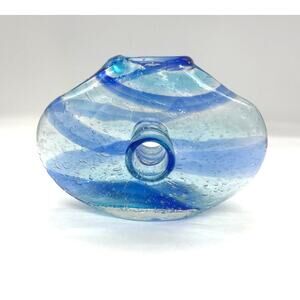 Italian Art Glass Vase with Donut Hole Blue Ribbon Swirls Hand Blown 7" W x 5" T
